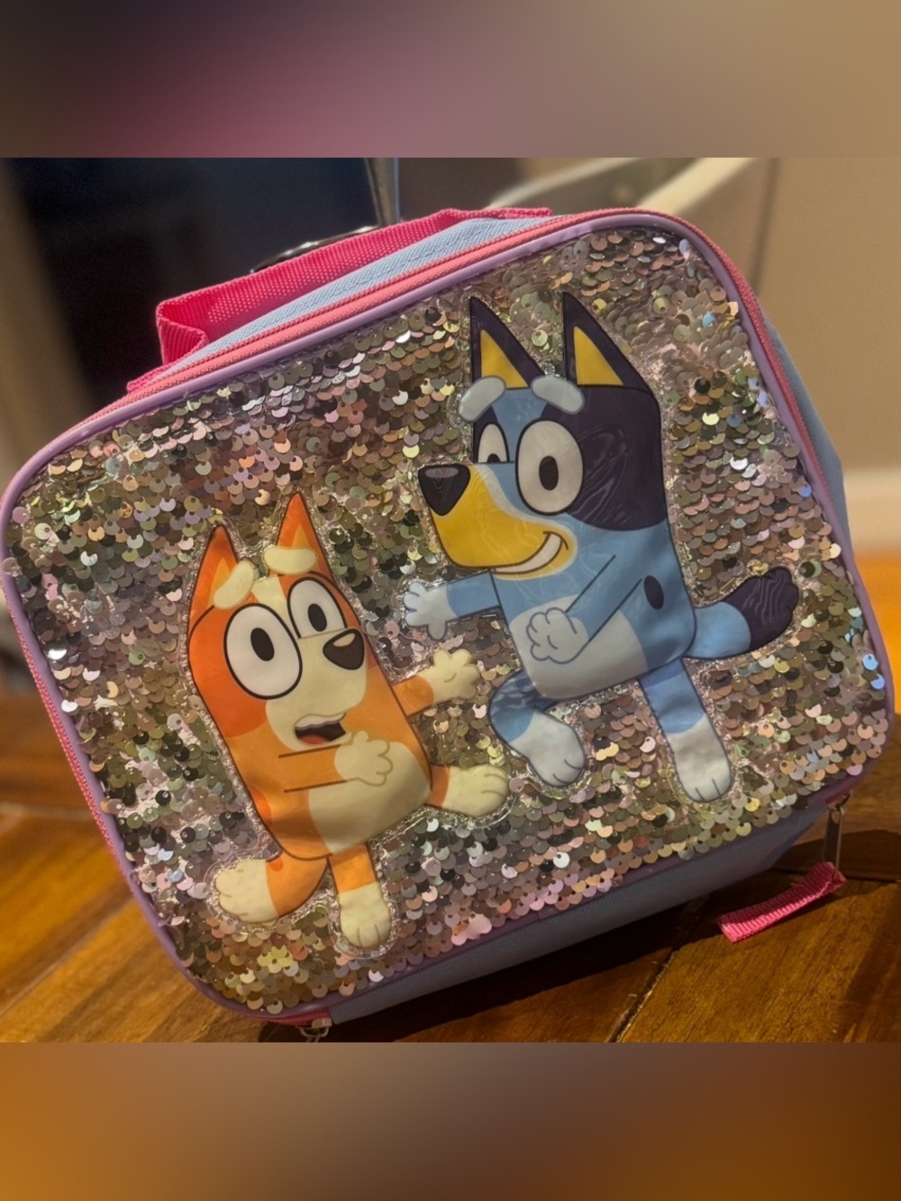Bluey  Sequin Kids Lunch Bag with Pink Trim - Blue & Orange Character